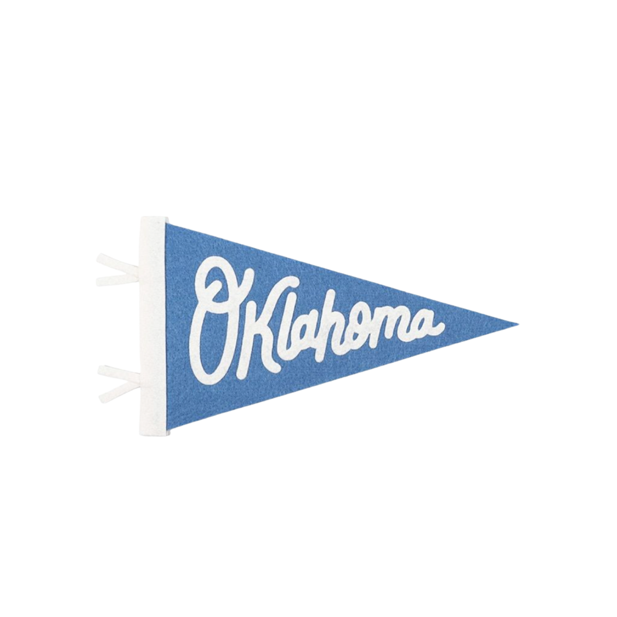 Blue pennant banner with white text that reads 'Oklahoma' on a black background.