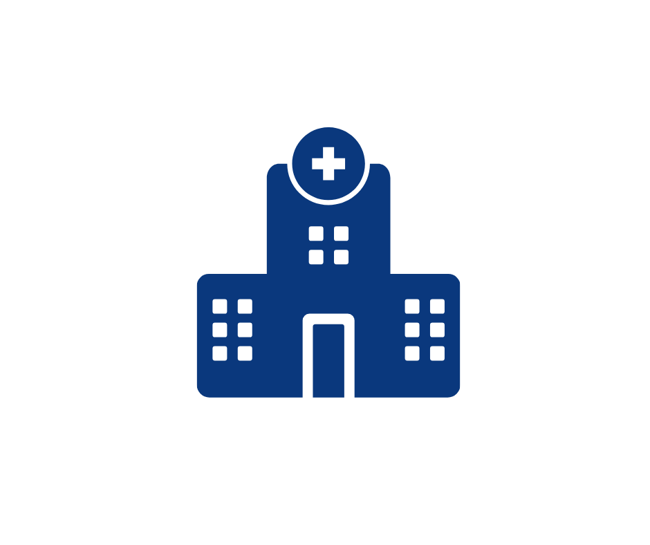 Icon of a hospital building with a cross symbol on top inside a white circle.