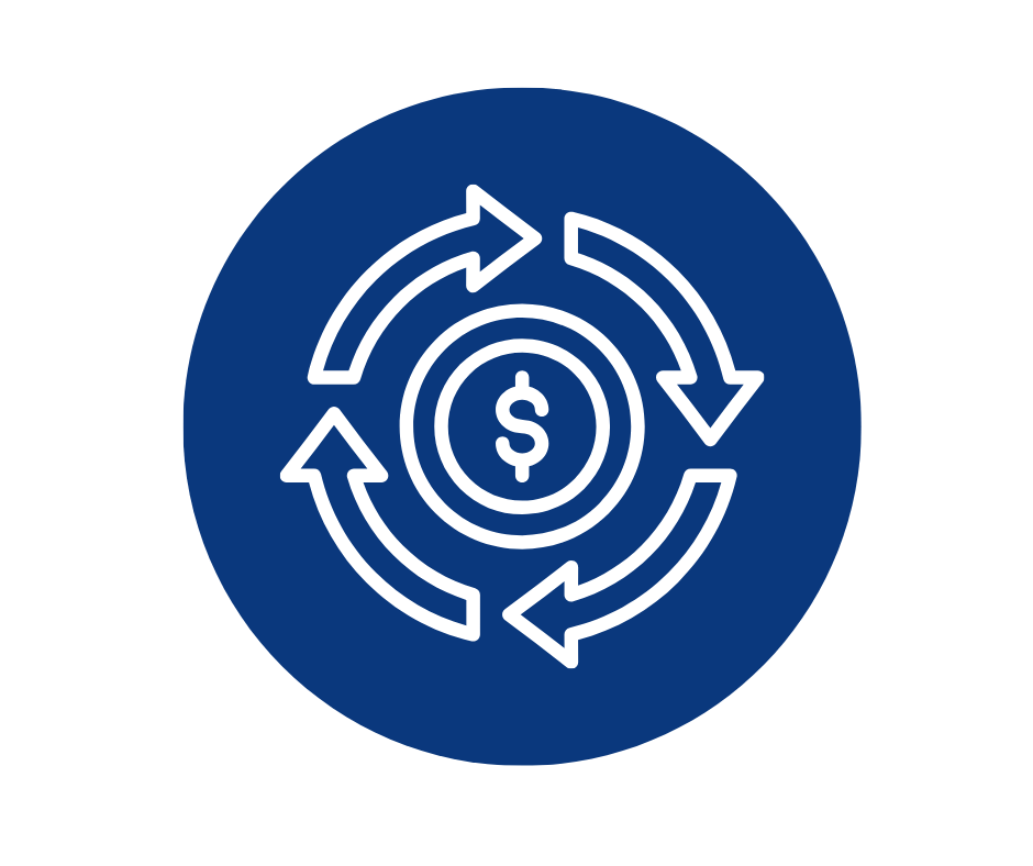 Dollar sign with circular arrows icon representing revenue-cycle management and financial performance.