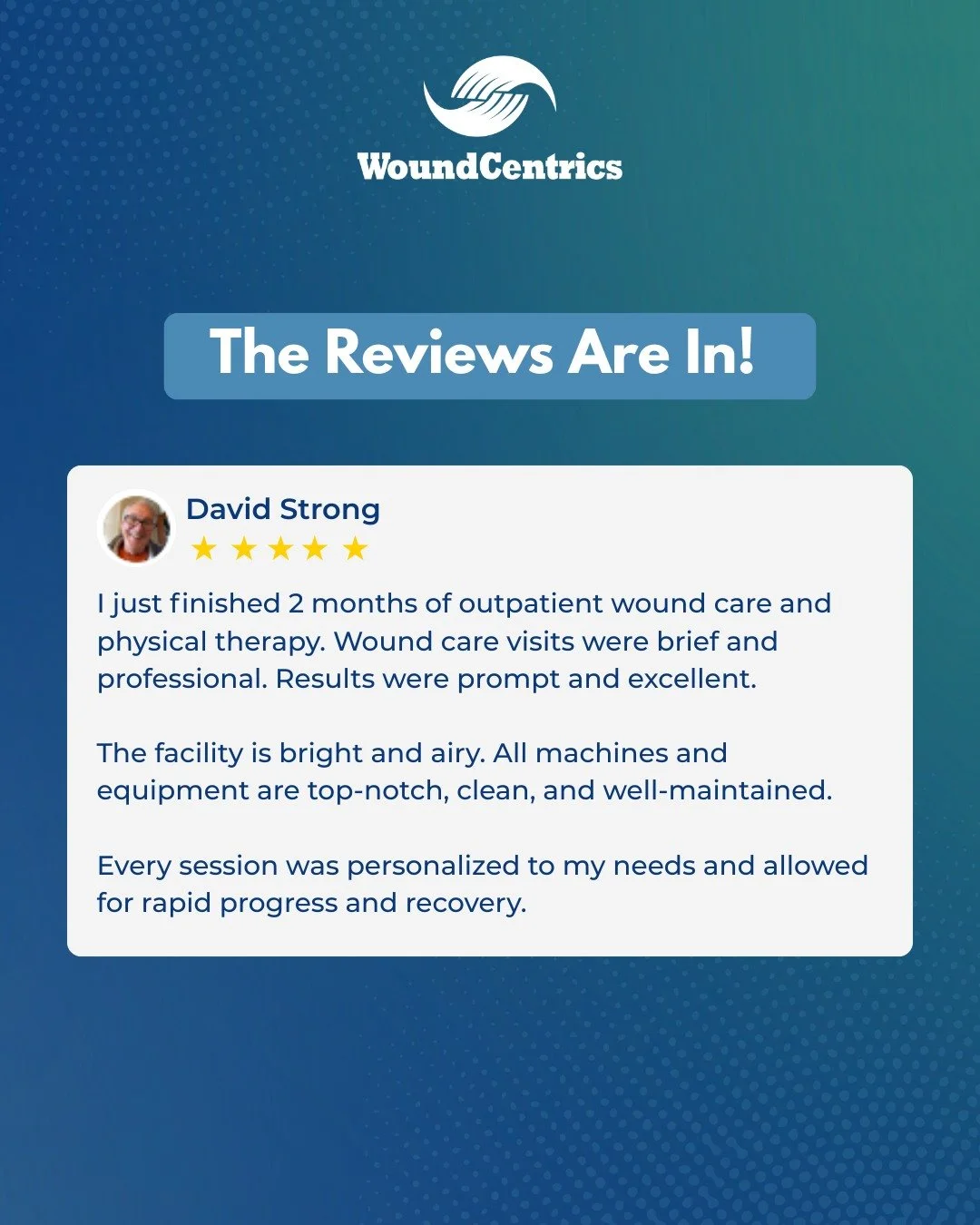 Partner With a Wound Care Team That Strengthens Your Outcomes.

These 5-star patient reviews highlight how WoundCentrics supports high-quality wound management, patient satisfaction, and continuity of care in Corpus Christi. 

By partnering with our 