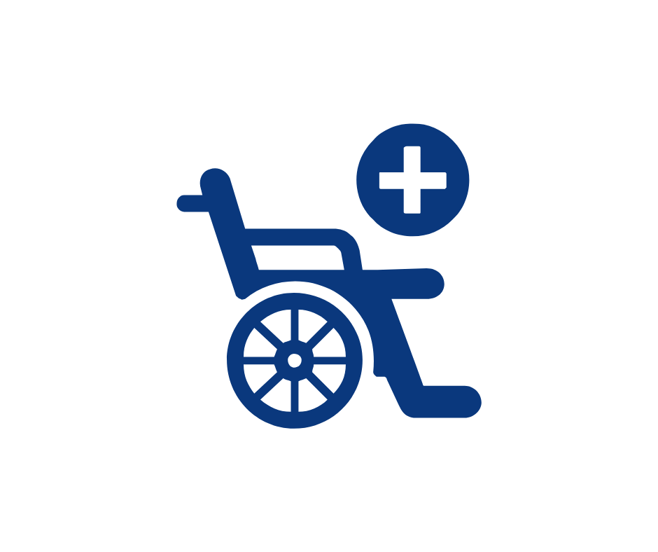 Icon of a wheelchair with a medical cross, indicating healthcare or disability services.