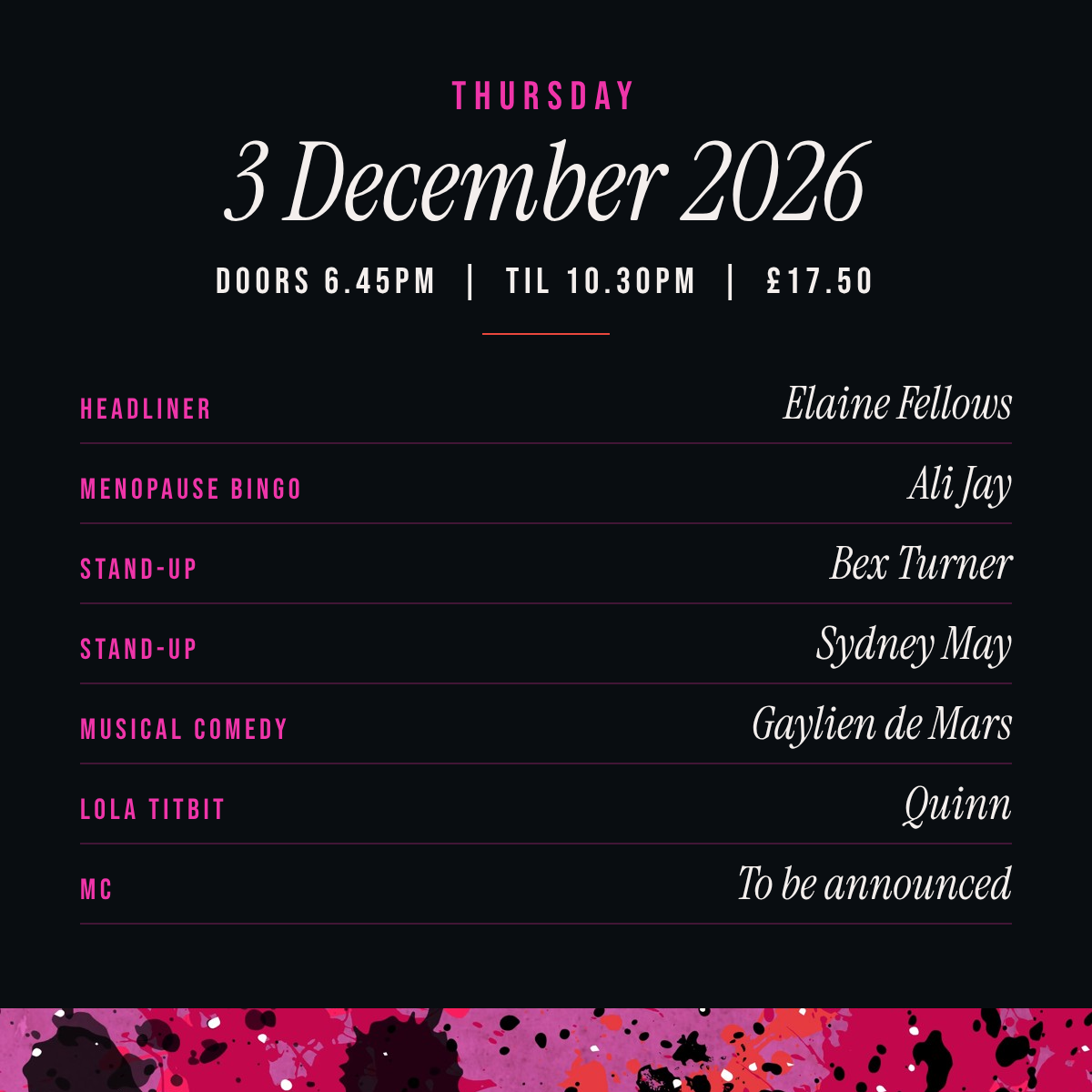 Madam Lolas Presents Hot Flush Event poster for Thursday, December 3, 2026, with doors opening at 6:45 PM and ending at 10:30 PM. The ticket price is £17.50. Performers include Elaine Fellows, Ali Jay, Bex Turner, Sydney May, Gaylien de Mars, Quinn,