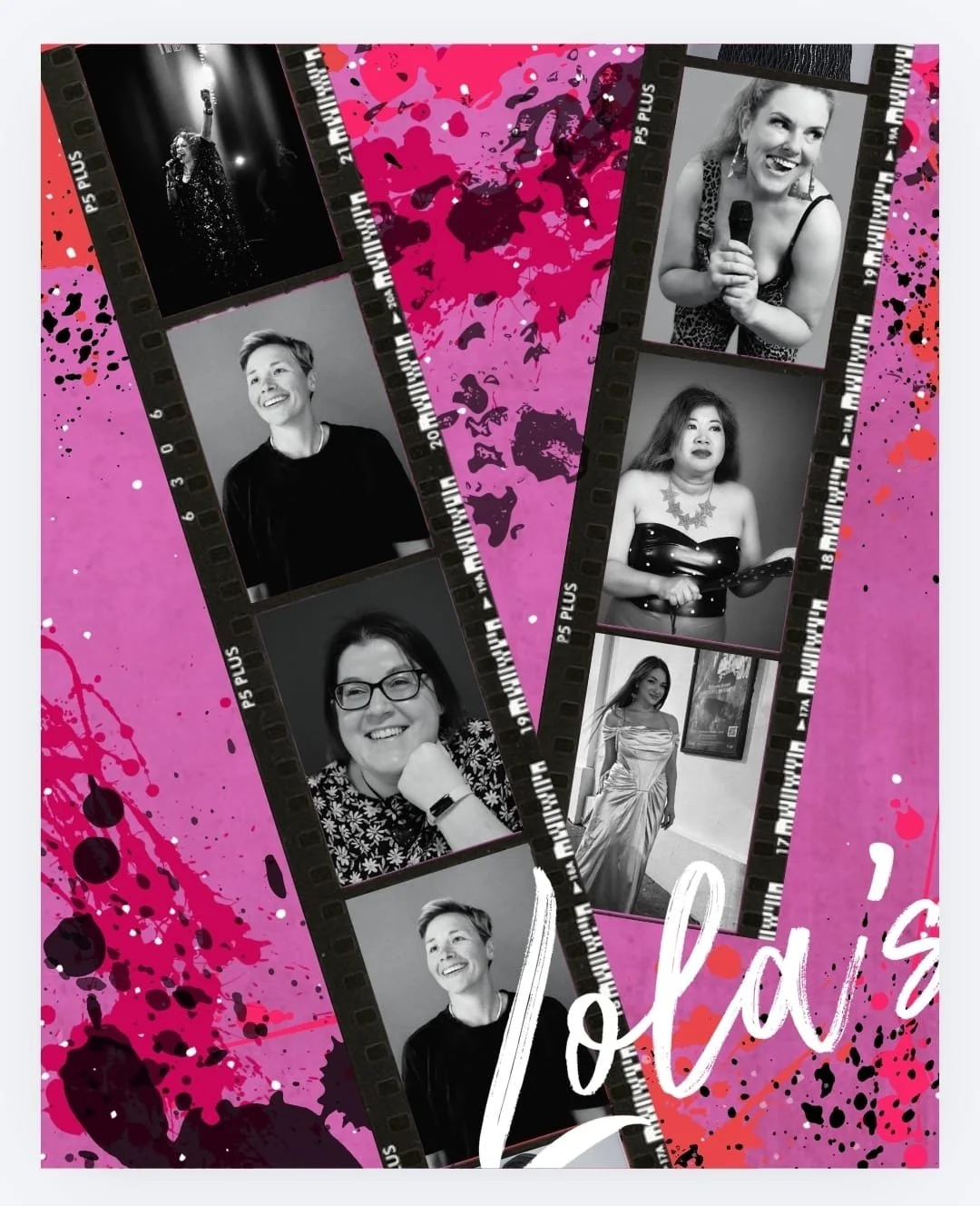 Madam Lolas - Hot Flush. Collage featuring multiple black and white photos of women, set against a pink and purple splattered background