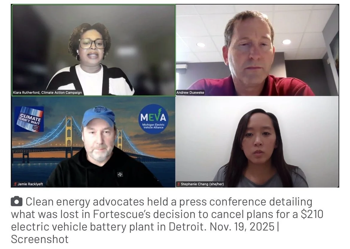 Four people participating in a virtual press conference. The woman in the top left is speaking, wearing glasses and a black and white jacket. The man in the top right has light brown hair, wearing a red shirt, and is looking at the camera. The man in the bottom left has a grey beard, wearing a blue cap, with a backdrop of a bridge and the Michigan Electric Vehicle Alliance logo. The woman in the bottom right has long dark hair, wearing a grey shirt, and is looking at the camera. Text indicates they are discussing Ford's decision to cancel plans for an electric vehicle battery plant in Detroit.