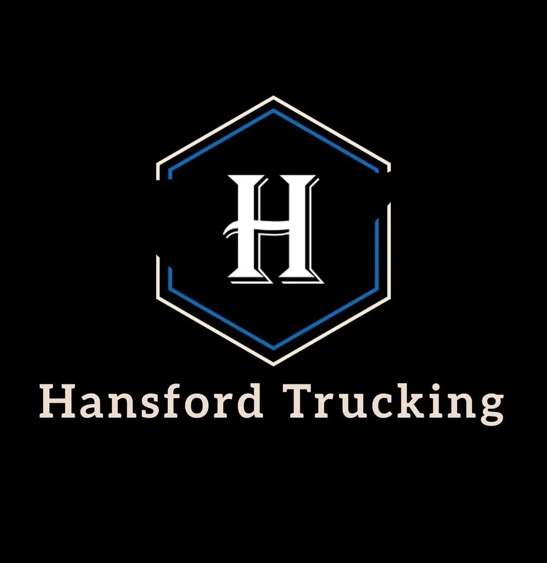Black background with a white and blue hexagon outline. Inside the hexagon is a large, stylized white letter 'H'. Below, the text says 'Hansford Trucking' in beige font.