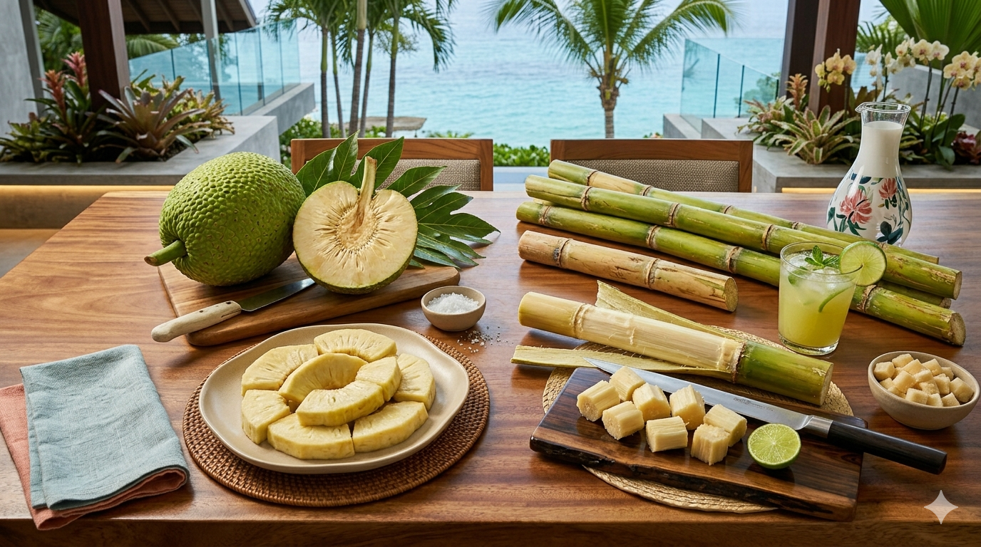 Fresh tropical fruits including pineapple, sugarcane, and lime on a wooden table with drinks and a scenic ocean view in the background.