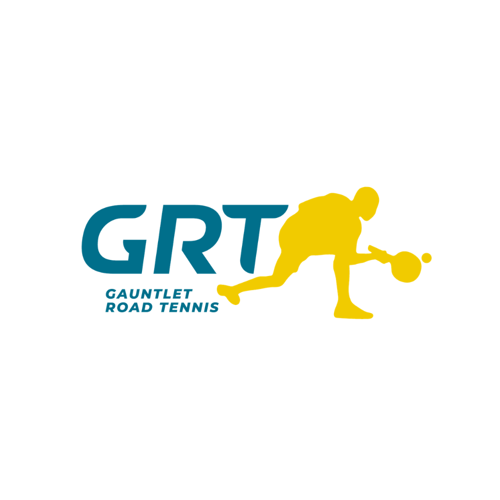 Logo for Gauntlet Road Tennis featuring a yellow silhouette of a tennis player bending down to hit a tennis ball with a racket, with the initials 'GRT' and the words 'Gauntlet Road Tennis' in blue.
