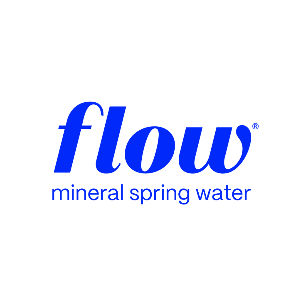Flow mineral spring water logo in blue text on a black background.