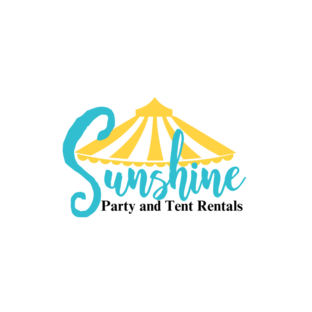 A yellow and black striped circus tent with the word 'Sunshine' written in blue cursive text overlaying it.