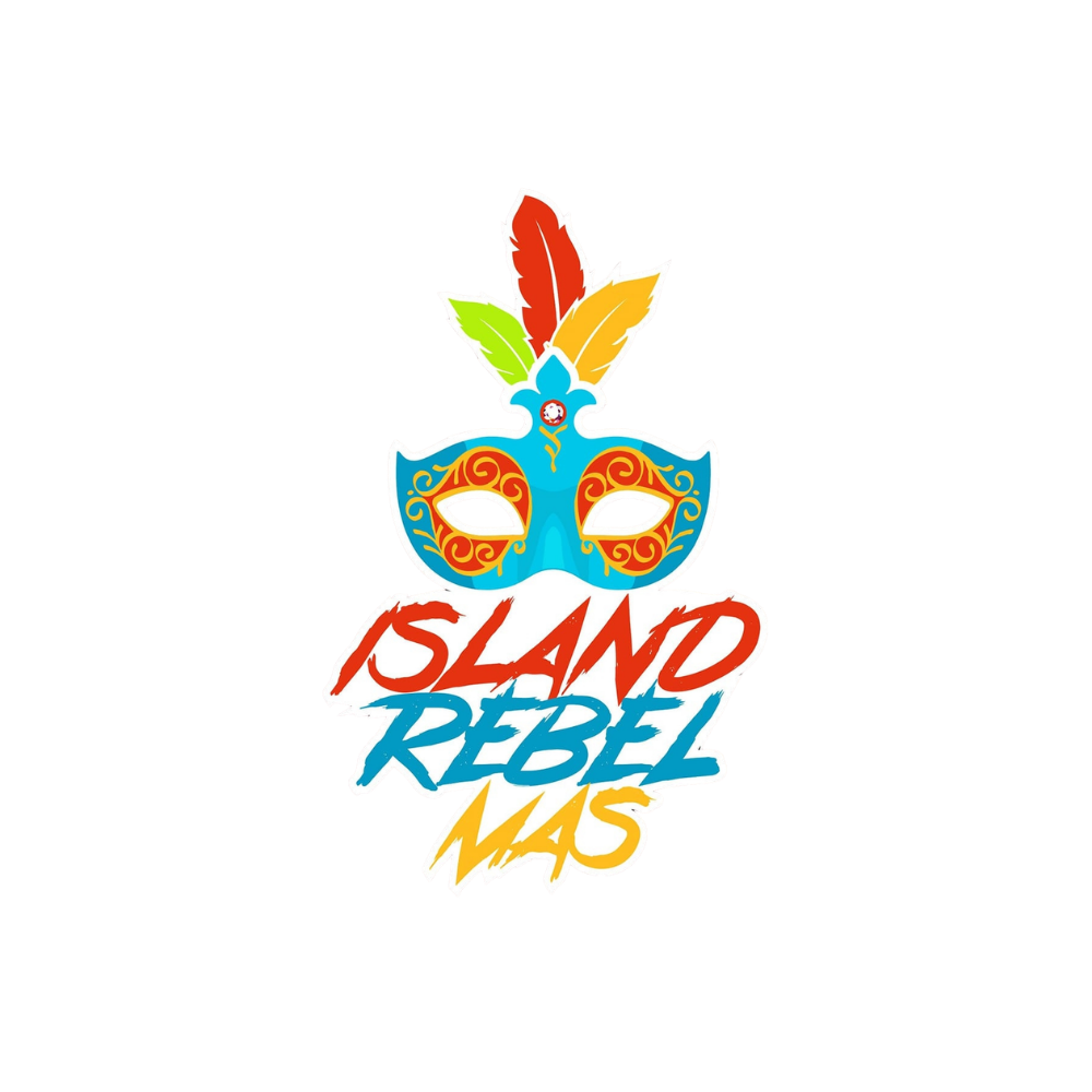 Colorful logo for Island Rebel Mas featuring a decorative mask with feathers and the words "Island Rebel Mas" in stylized text.