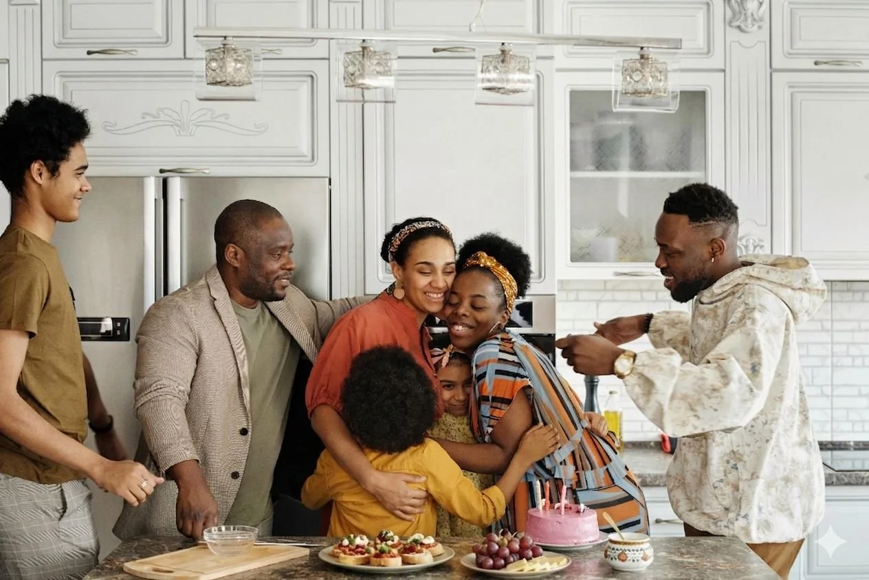 A diverse family is gathered in a kitchen celebrating a birthday with hugs, a pink cake with candles, and various snacks on the table.