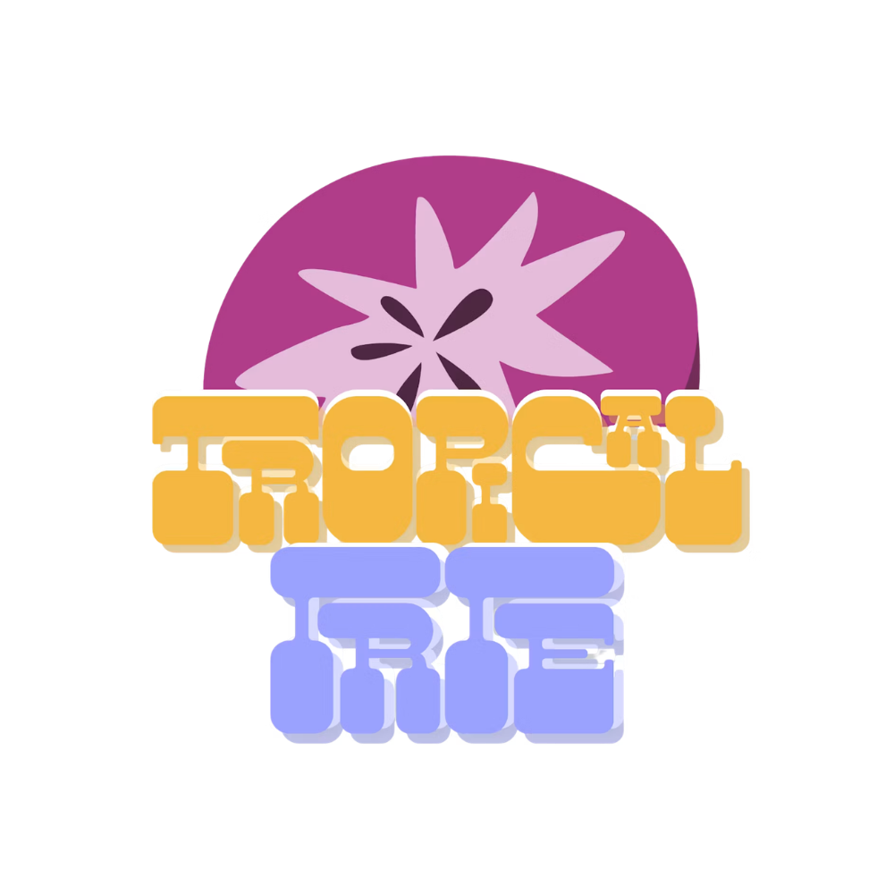 Illustration of a purple cactus-like plant with the words "Tropical Irie" in bold yellow and light blue letters over the plant.