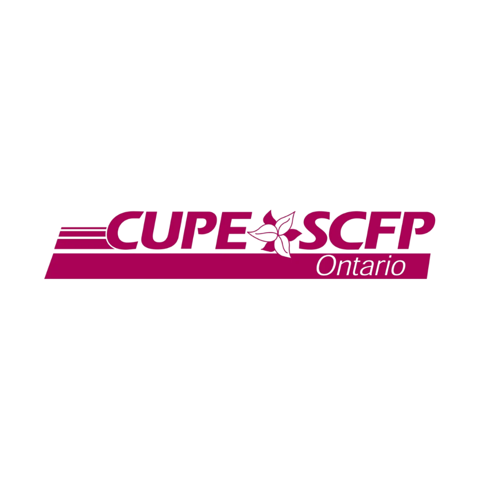 Logo for CUPE SCFP Ontario, with purple text and stylized flower design
