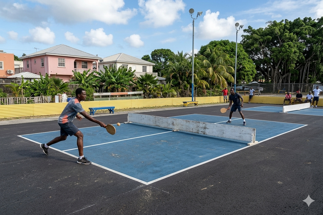 Two men playing a game of paddle tennis on an outdoor court with a low net, surrounded by a yellow fence, with spectators sitting and standing along the sides and lush green trees in the background.