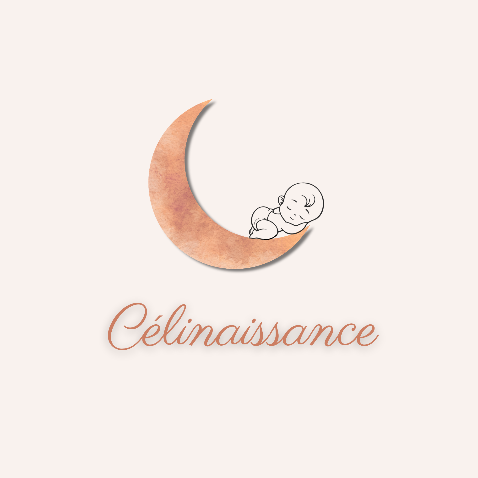 Une image dessine d'un bébé endormie sur une demie lune orange avec le nom Célinaissance en dessous