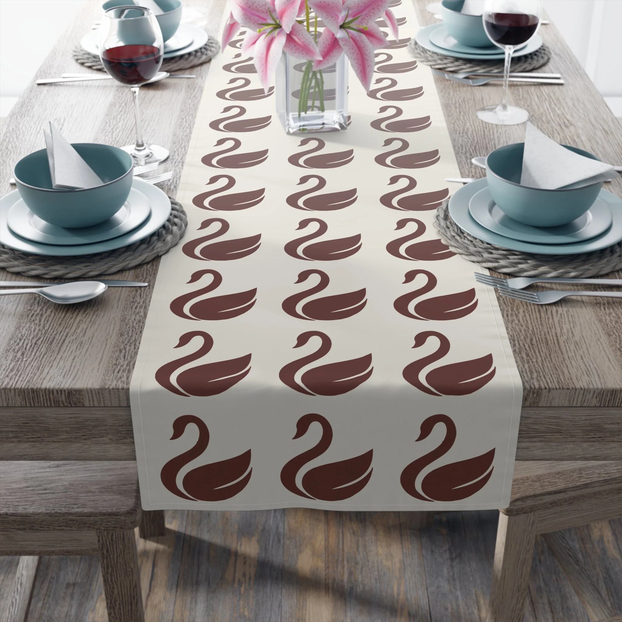 Oxblood Swan Pattern Table Runner | Repeating Swan Motif