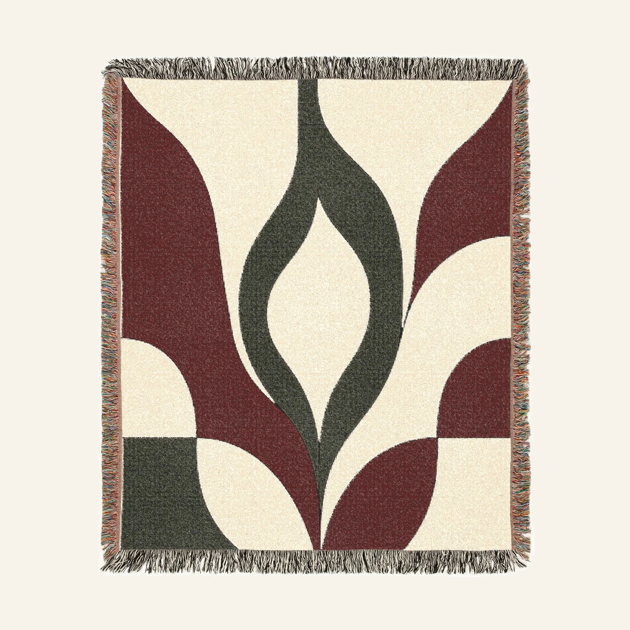 Cygnus Swan Sculpture woven blanket in burgundy, ivory, and olive displayed flat