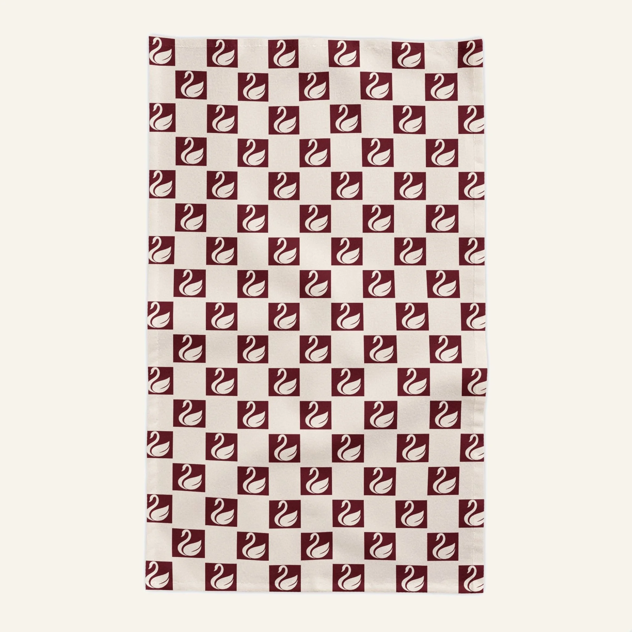 Oxblood and Ivory Swan Pattern Tablecloth | Retro Geometric Dining Linen
