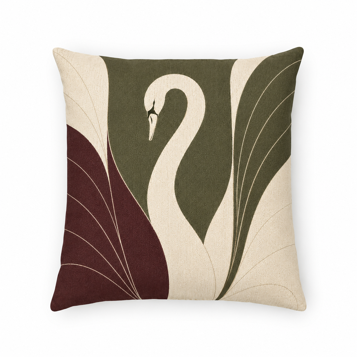 Neutral woven swan pillow cover with art deco design on sofa