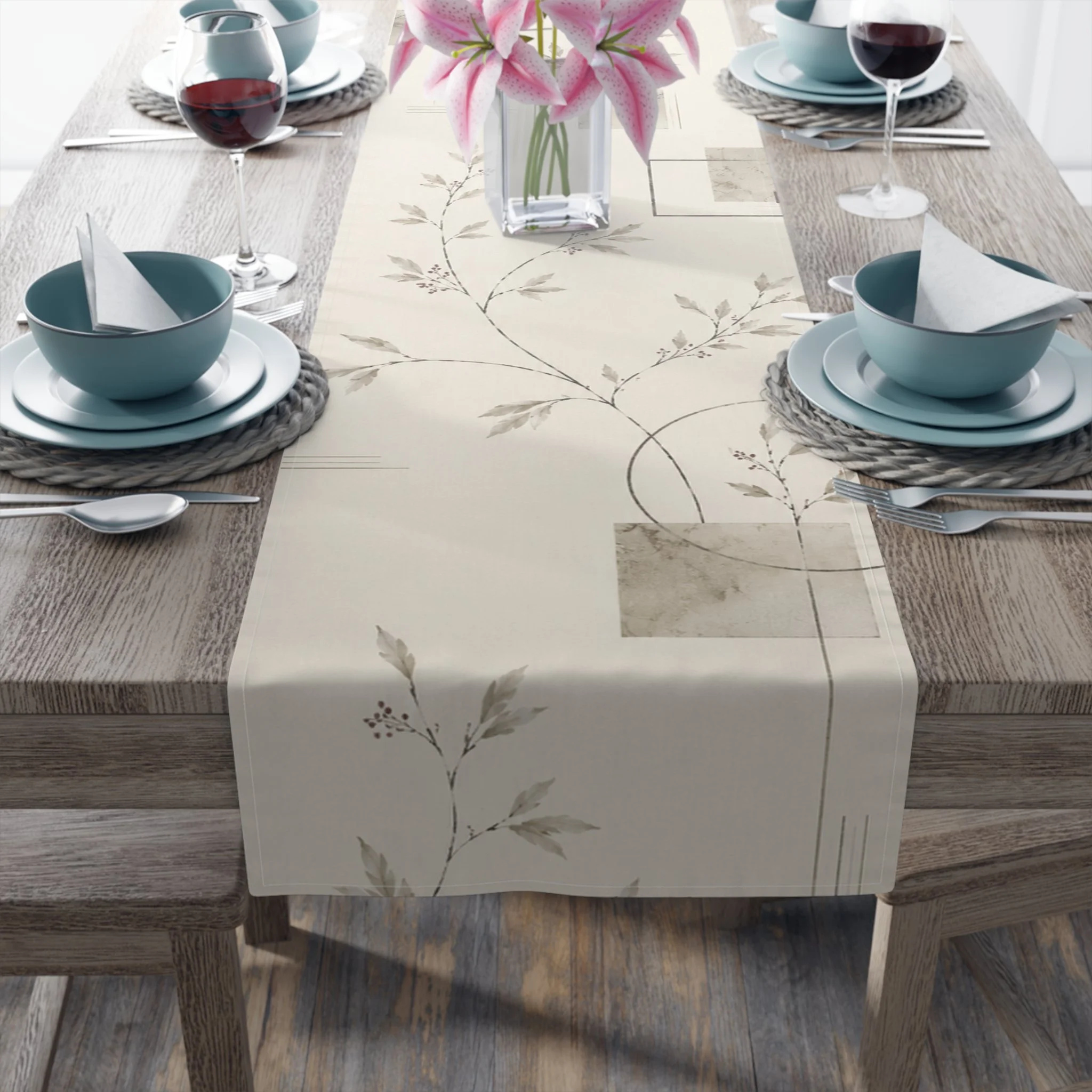 Ember Botanical Table Runner laid on wooden dining table