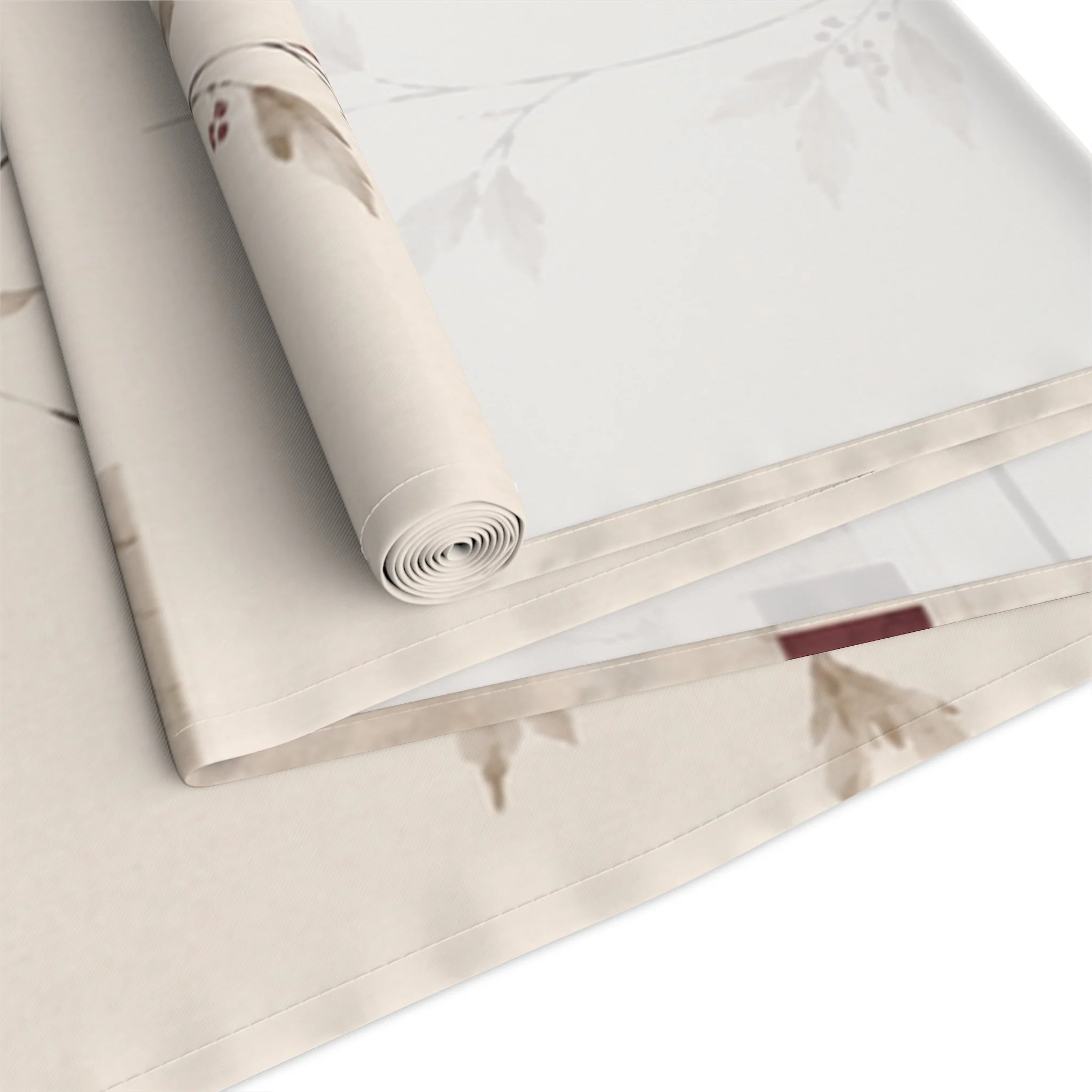 Ivory table runner with restrained Japanese line-work floral motif