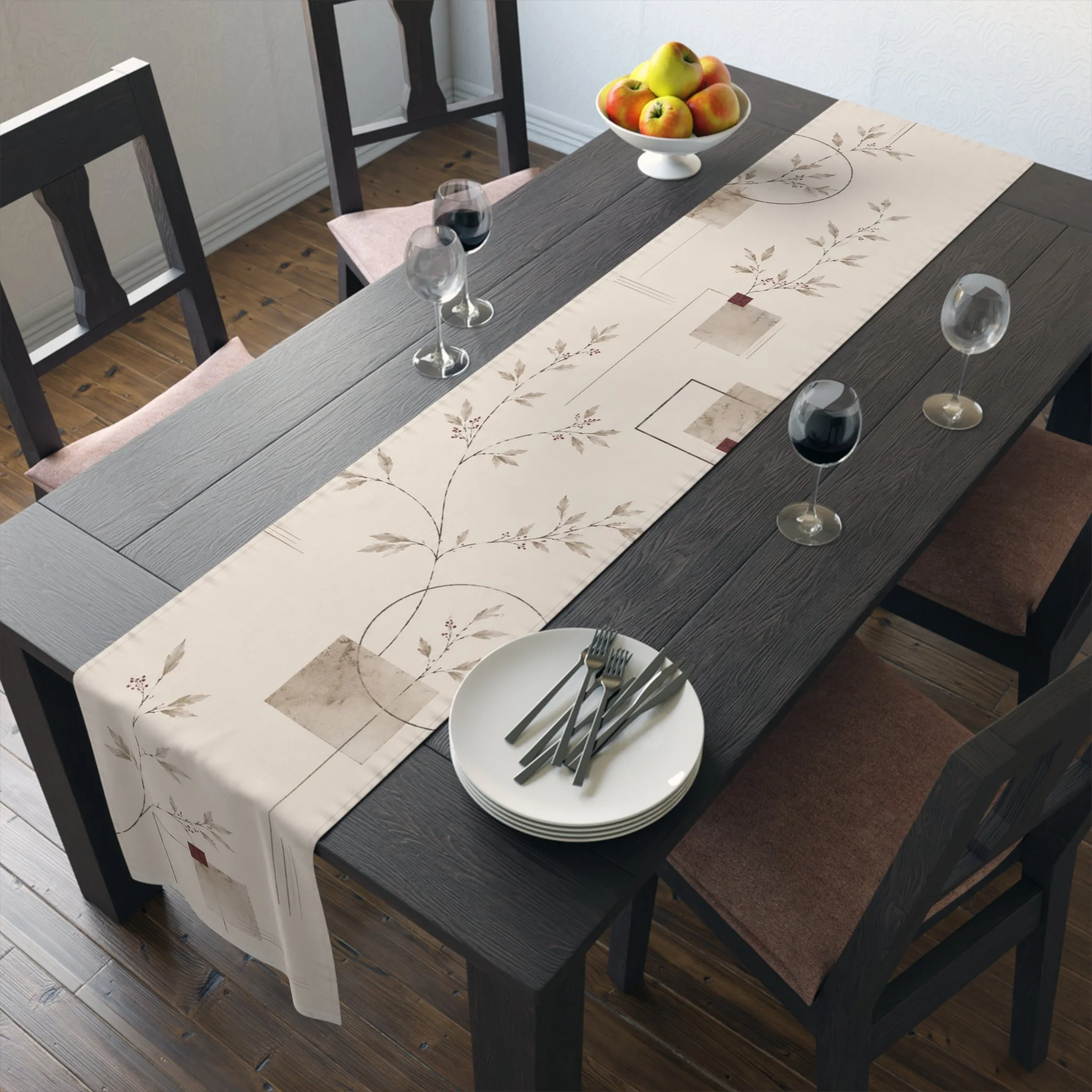 Styled image of Ember Botanical Table Runner in minimalist room