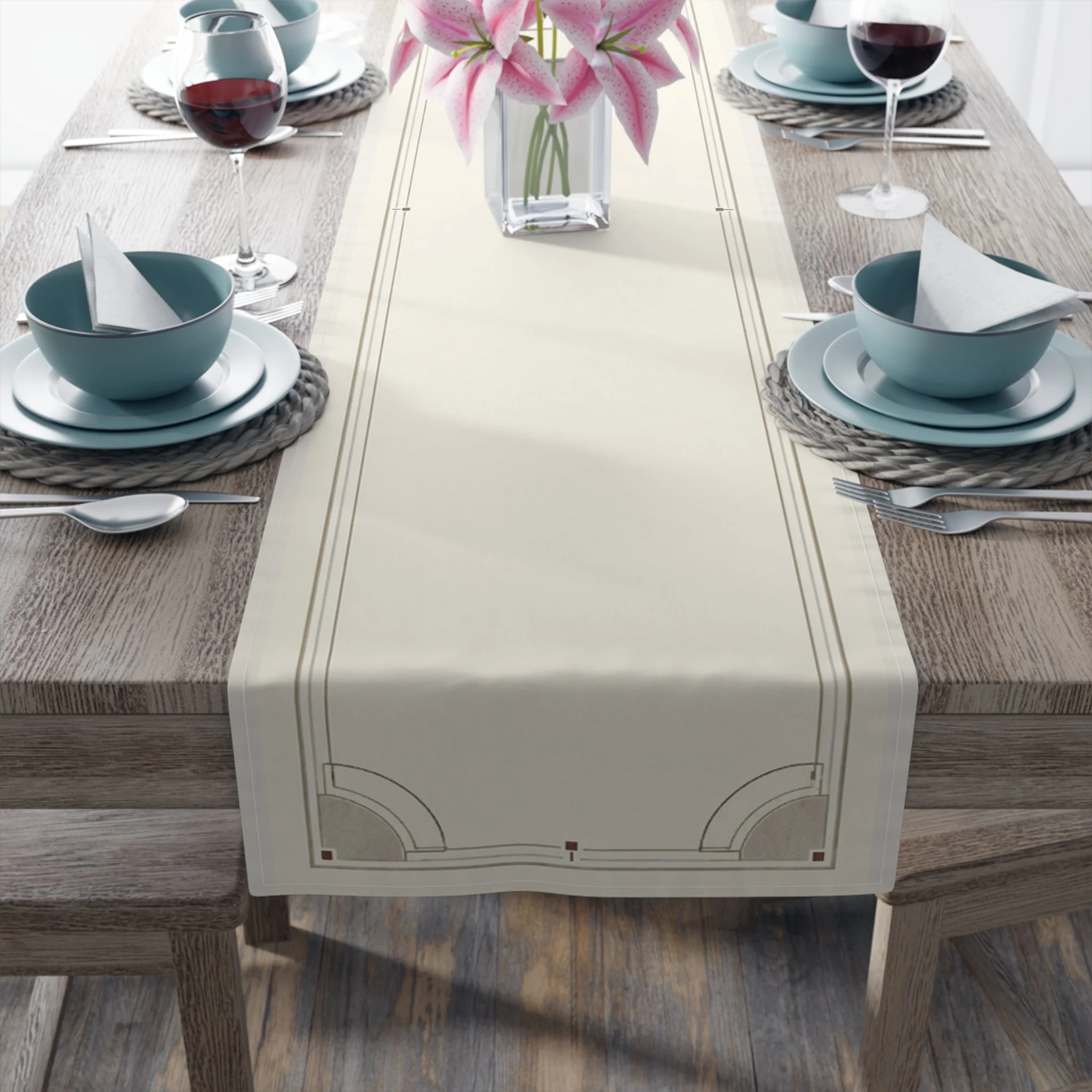 Ember Frame Cloth Table Runner laid flat on wooden dining table
