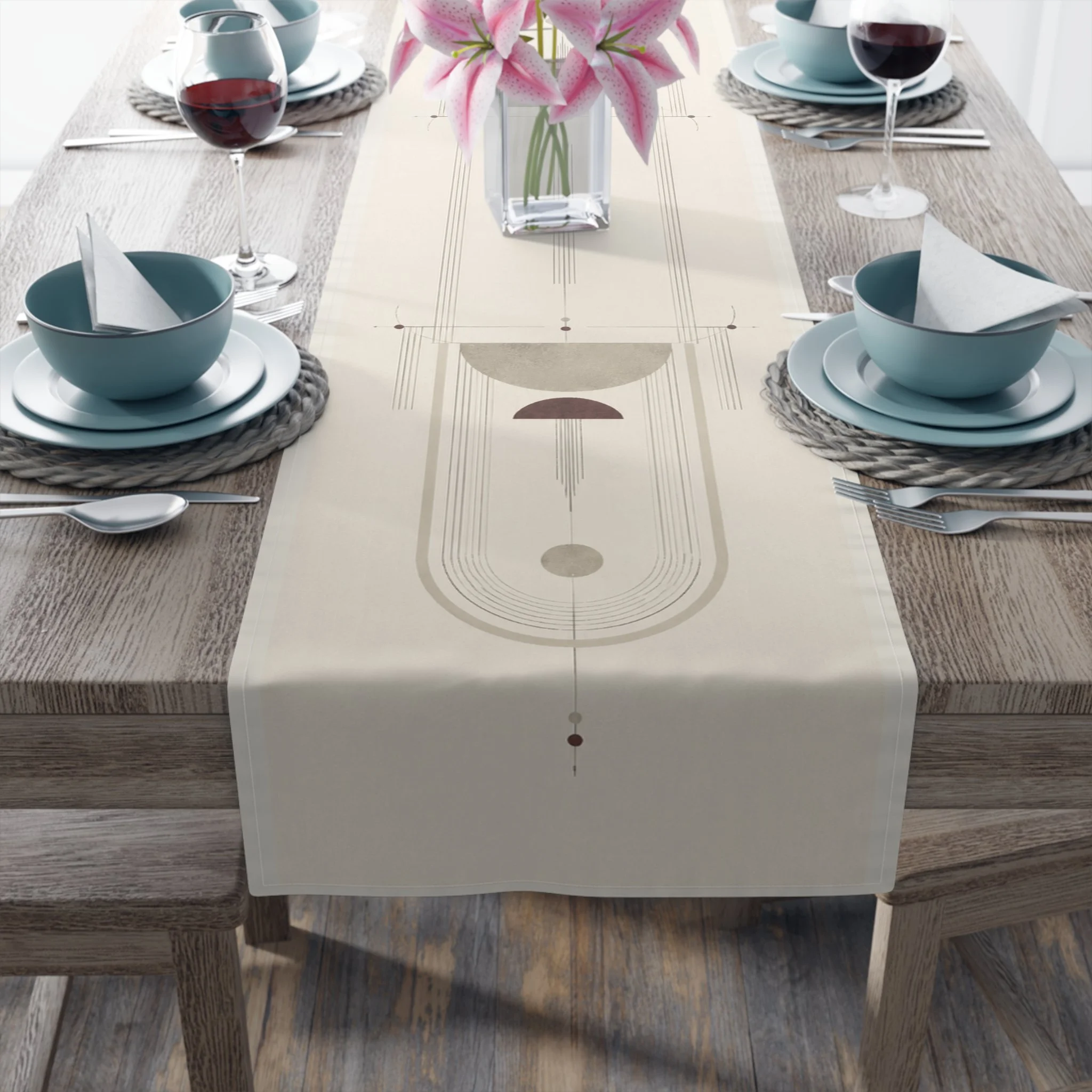 Ember Arch Japandi geometric table runner on wooden dining table