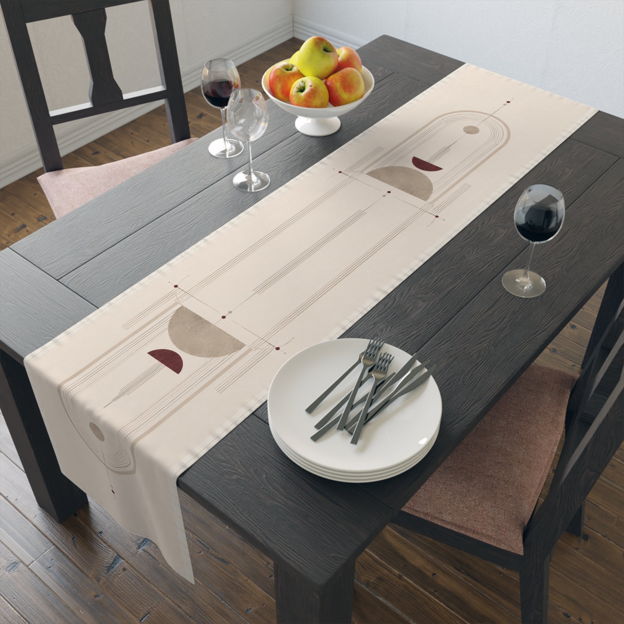 Table runner in 16 by 90 inch size with seasonal centerpiece