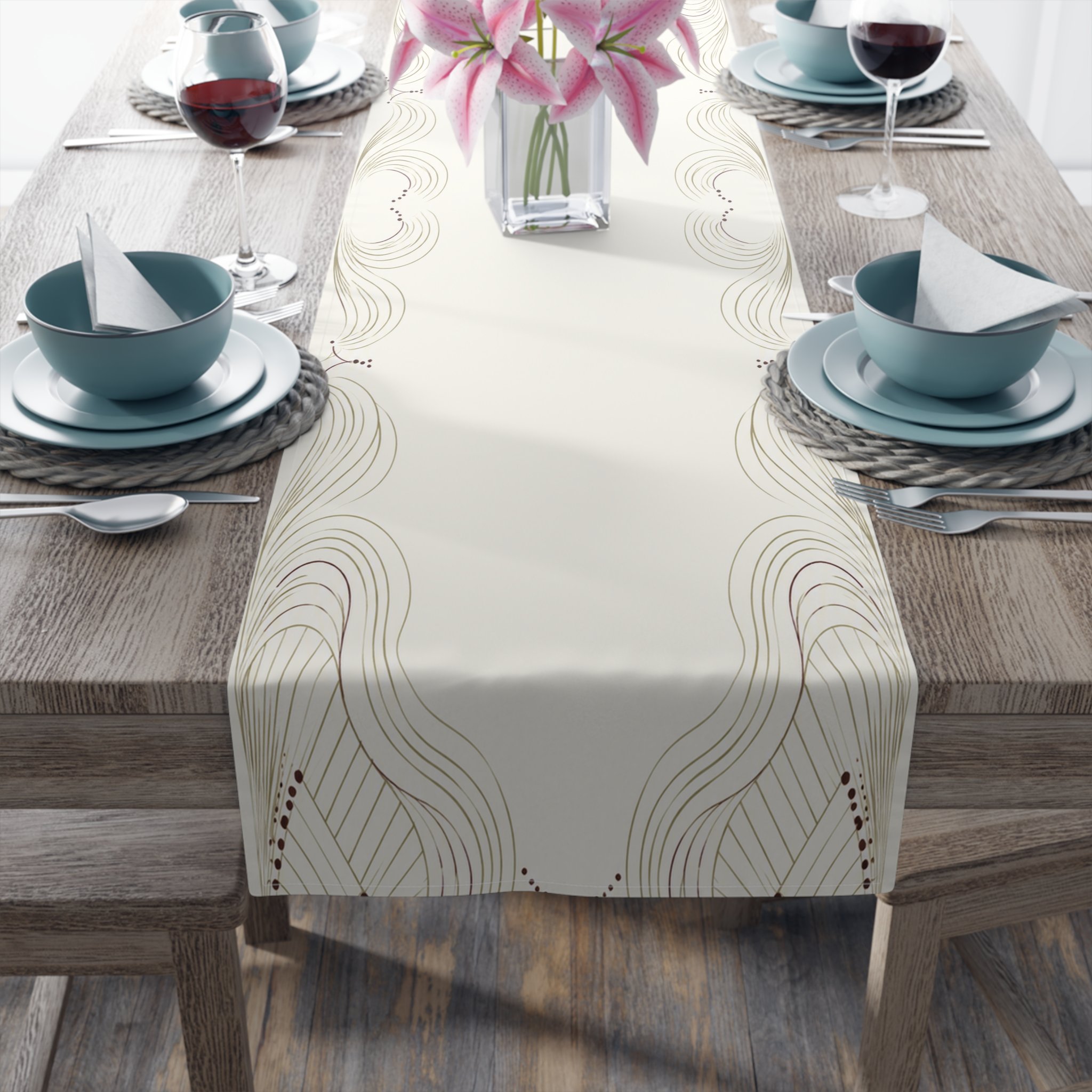 Ember Wave Japandi table runner on wooden dining table with bowls and candles