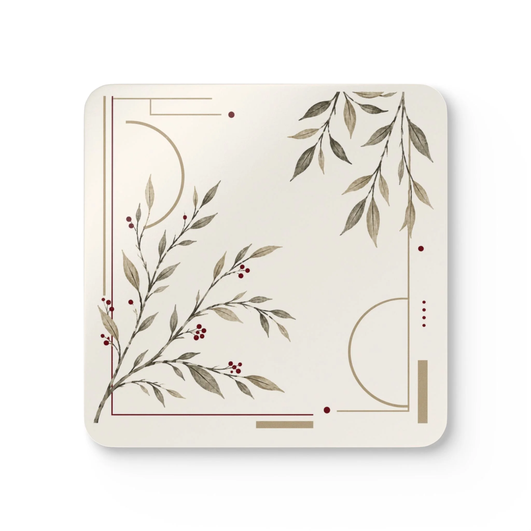 Set of four Ember Botanical cork coasters with elegant leaf patterns and gold accents