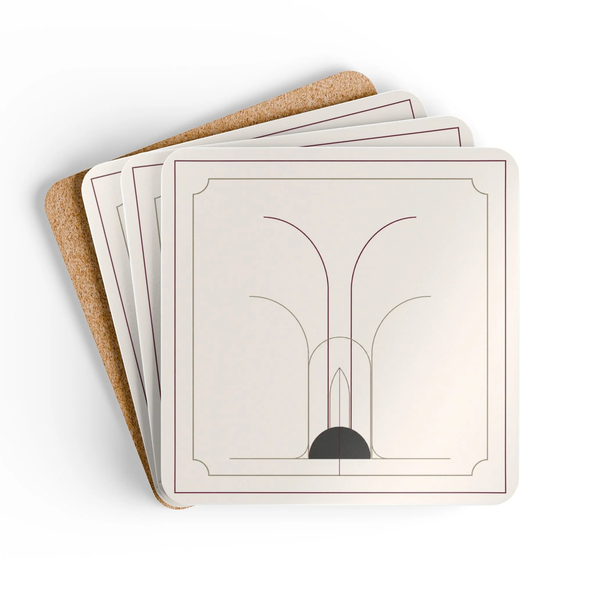 Close-up of Ember Arch Coaster with glossy finish and cork bottom
