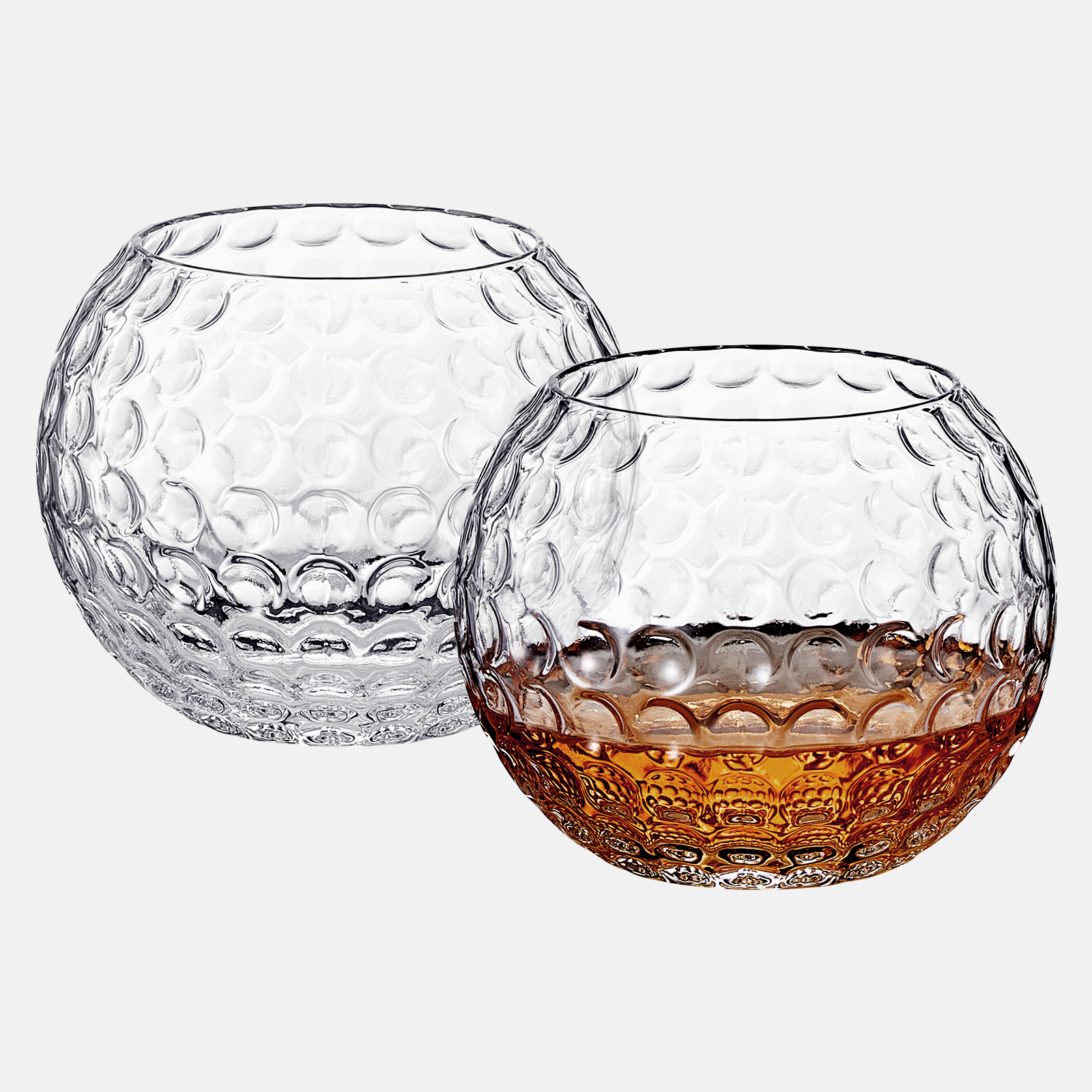 Set of two 15 oz golf ball-shaped whiskey glasses