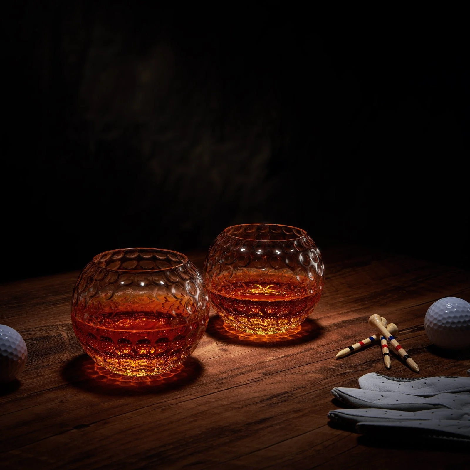 Set of five 15 oz golf ball-shaped whiskey glasses