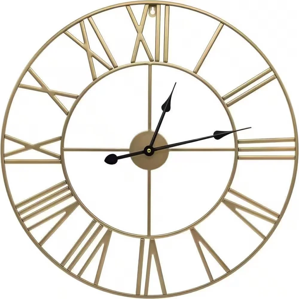 24-inch gold metal wall clock with Roman numerals and black hands front view