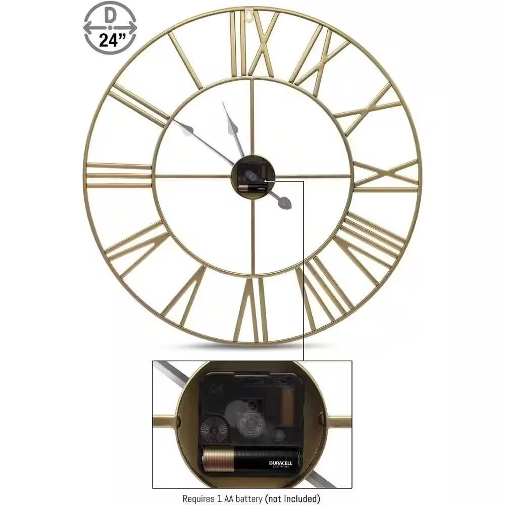 Vintage style 24-inch gold metal wall clock with hollow design