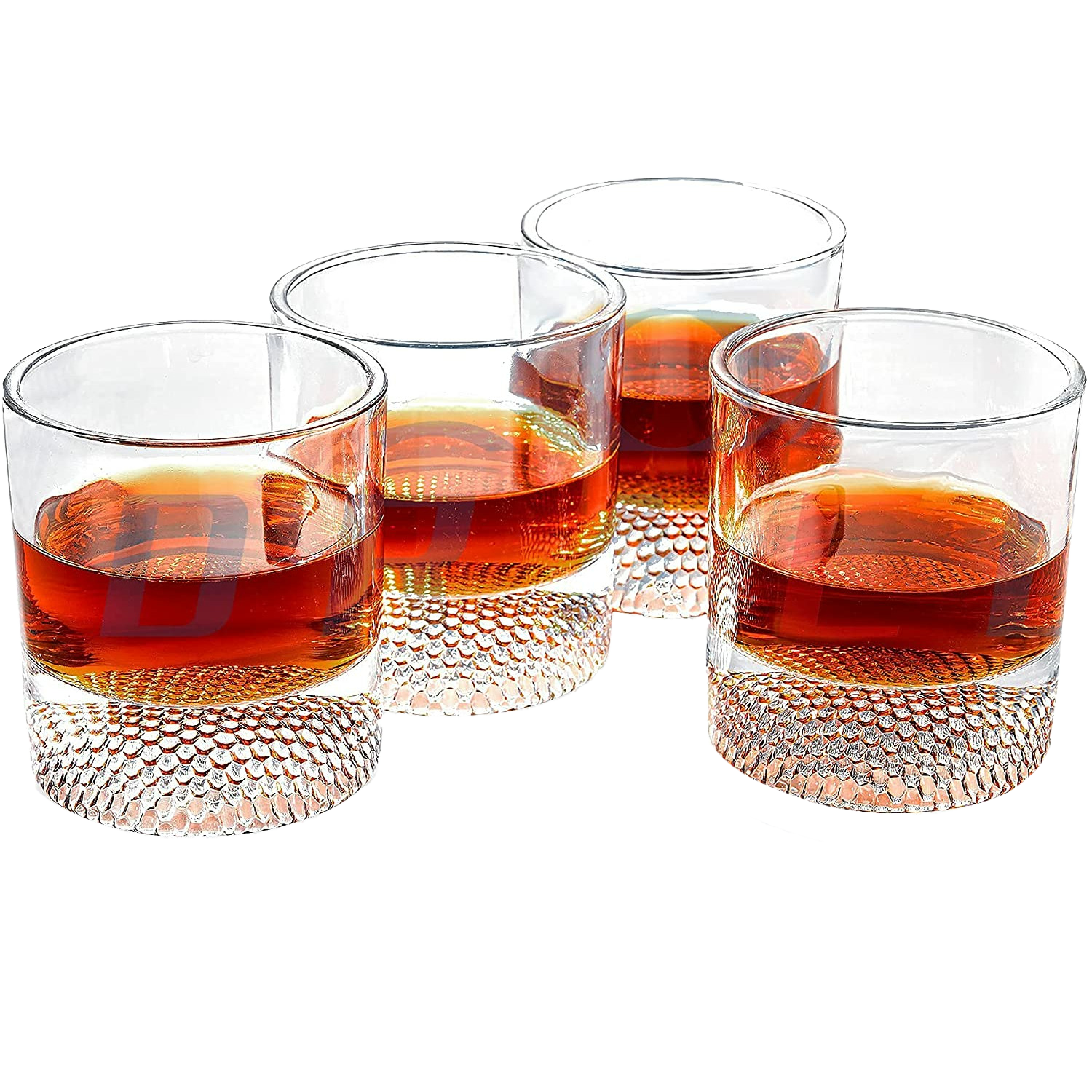 Set of four golf ball whiskey glasses with golf ball-style bases