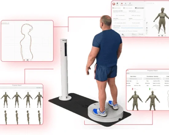 A man standing on a digital body composition scale with multiple screens showing his body analysis results, including body fat percentage, muscle mass, and body shape diagrams.