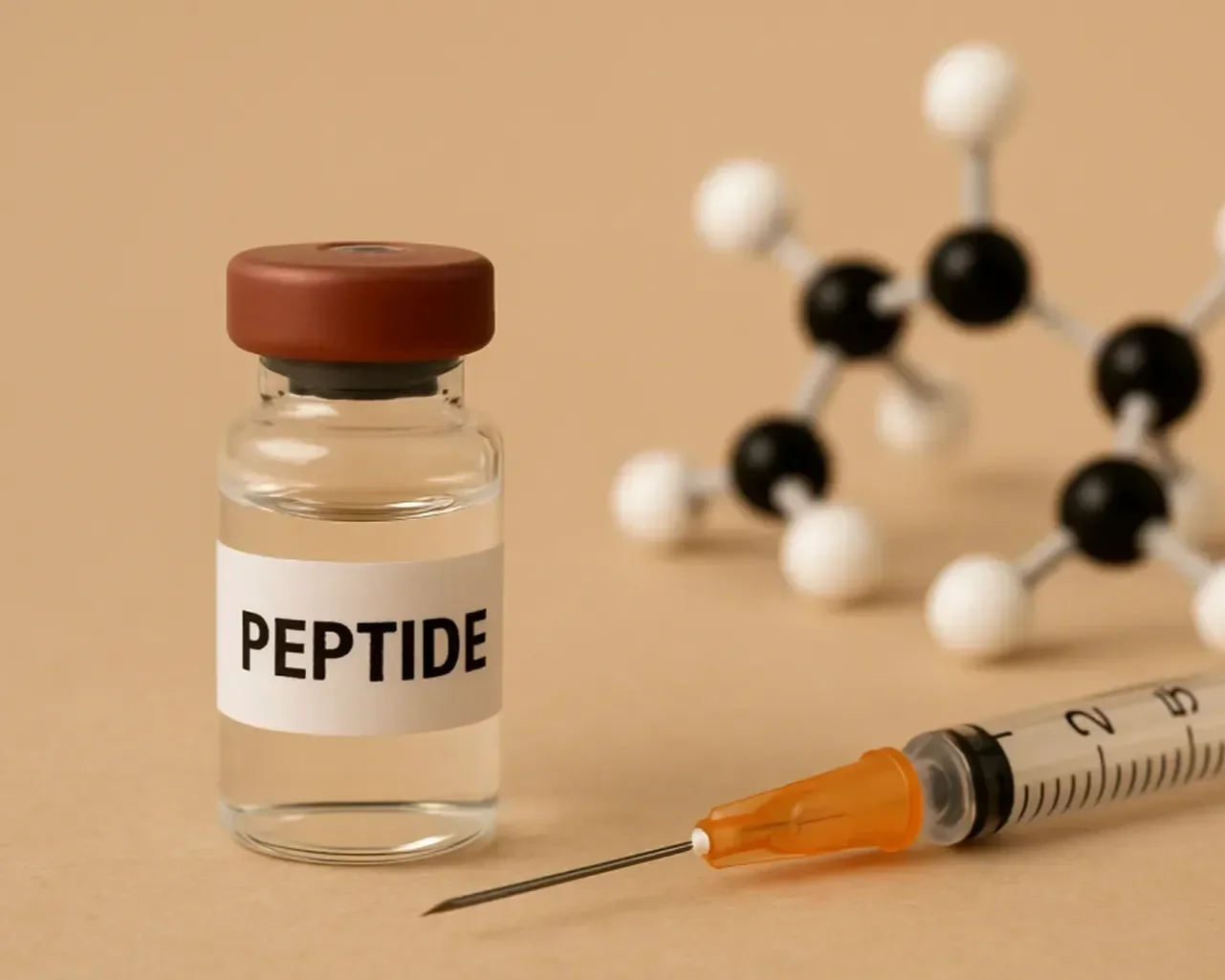 A small glass vial labeled 'PEPTIDE,' a syringe with an orange needle, a molecular model with black and white spheres, and a blurred background.