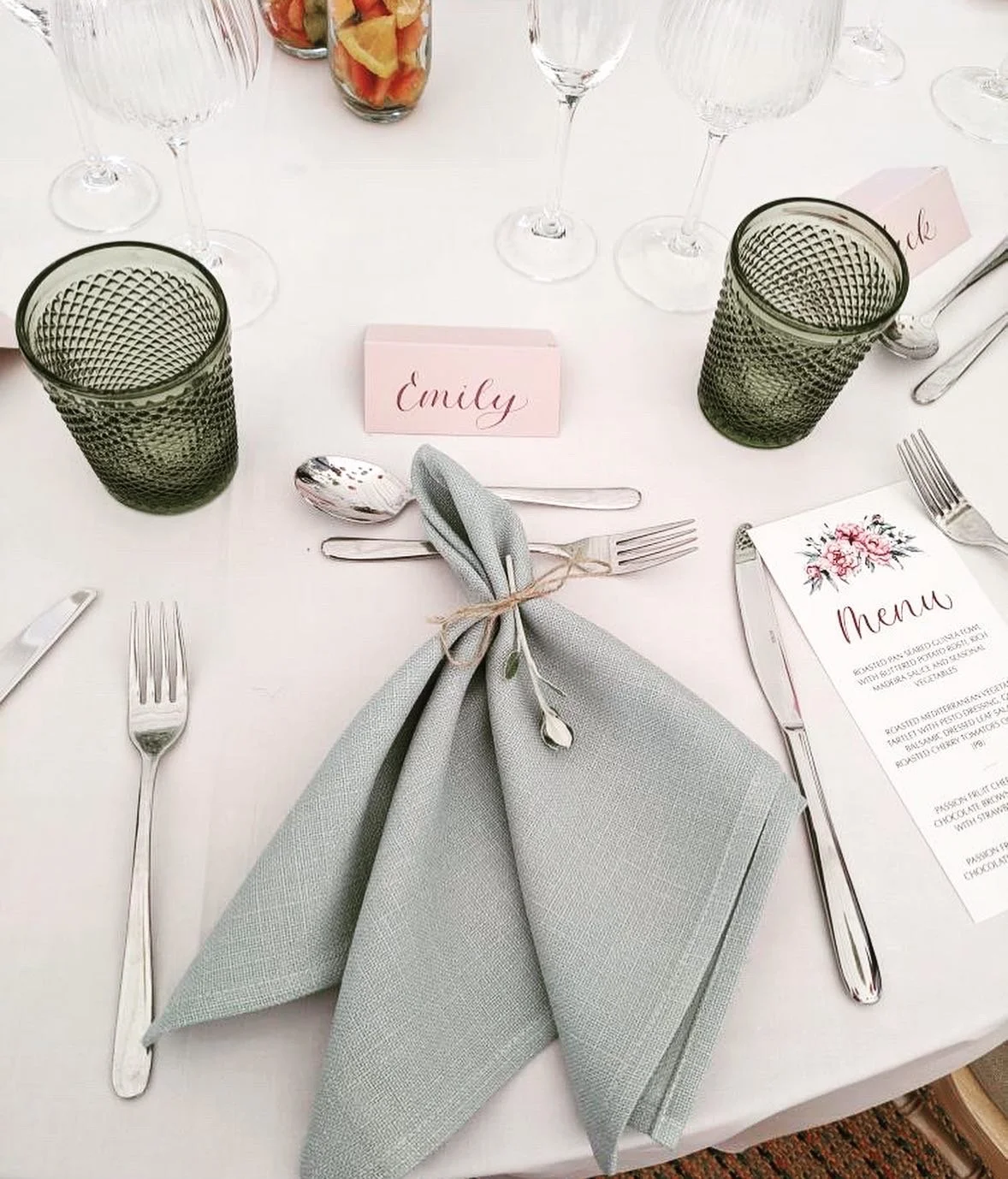 Wedding place setting with calligraphy place cards and menus