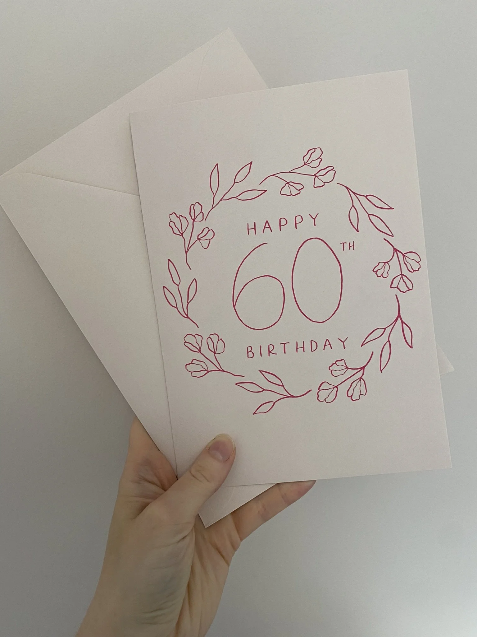A hand holding a white birthday card with a floral wreath and the text 'Happy 60th Birthday' written in red.
