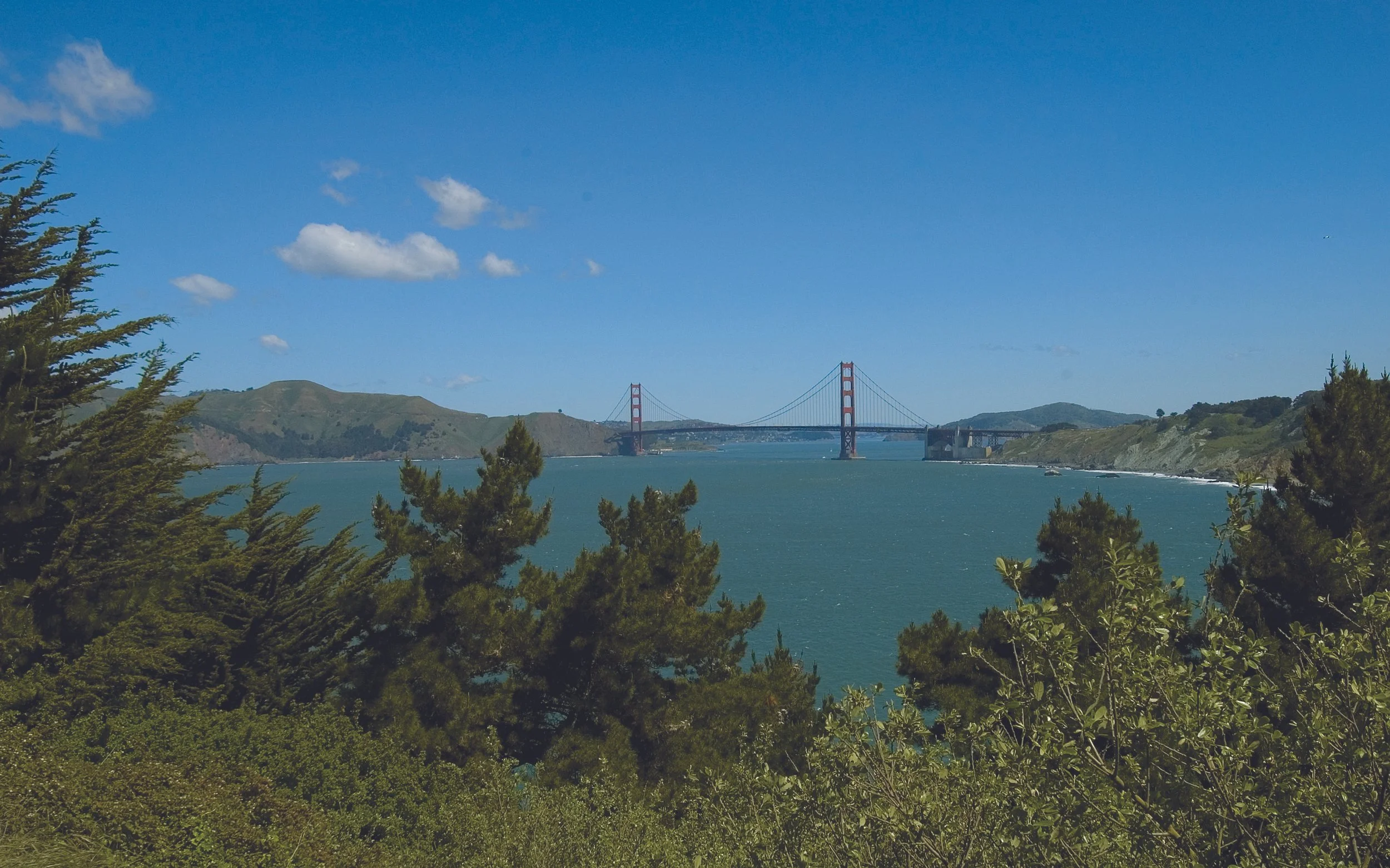 A scenic view of the Golden Gate Bridge in San Francisco, California, seen through green trees and shrubbery with blue water and hills in the background under a partly cloudy sky.