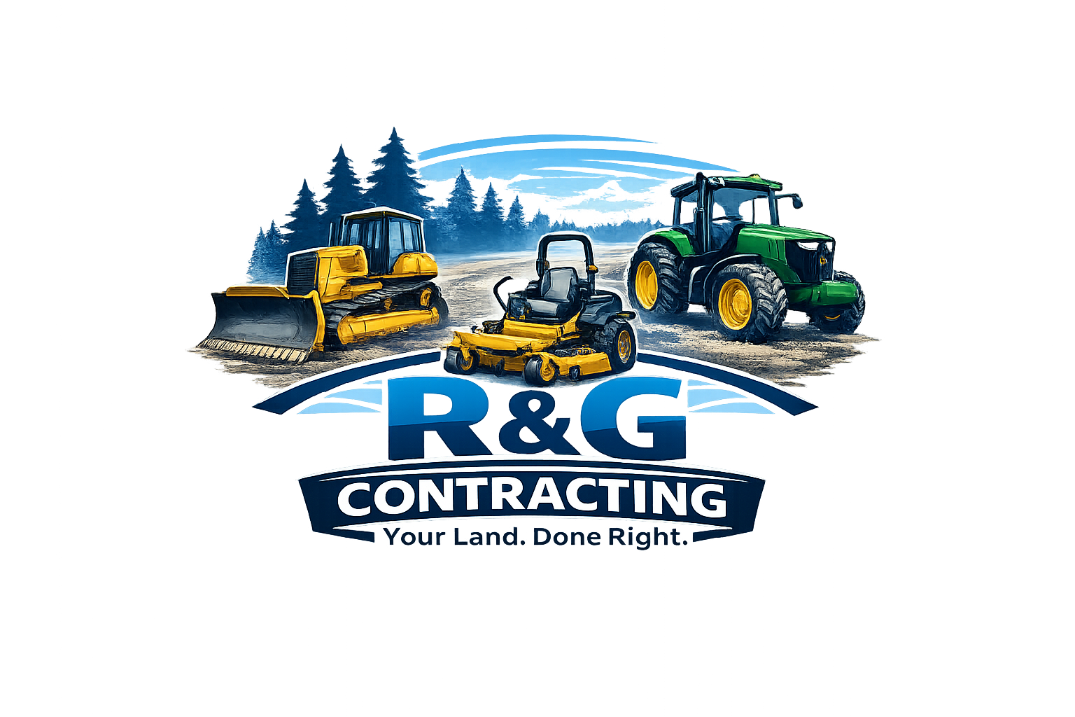 Illustration of construction equipment including a bulldozer, a lawn mower, and a tractor, set against a backdrop of trees and a cloudy sky. The image features the text 'R&G Contracting' and the slogan 'Your Land. Done Right.'