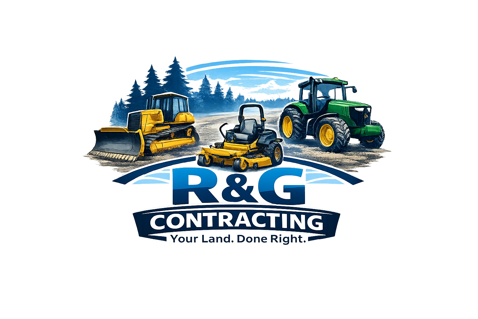 Illustration of construction equipment including a bulldozer, a ride-on mower, and a tractor, with a background of trees and a cloudy sky. The image features the logo and branding for R&G Contracting with the slogan "Your Land. Done Right."