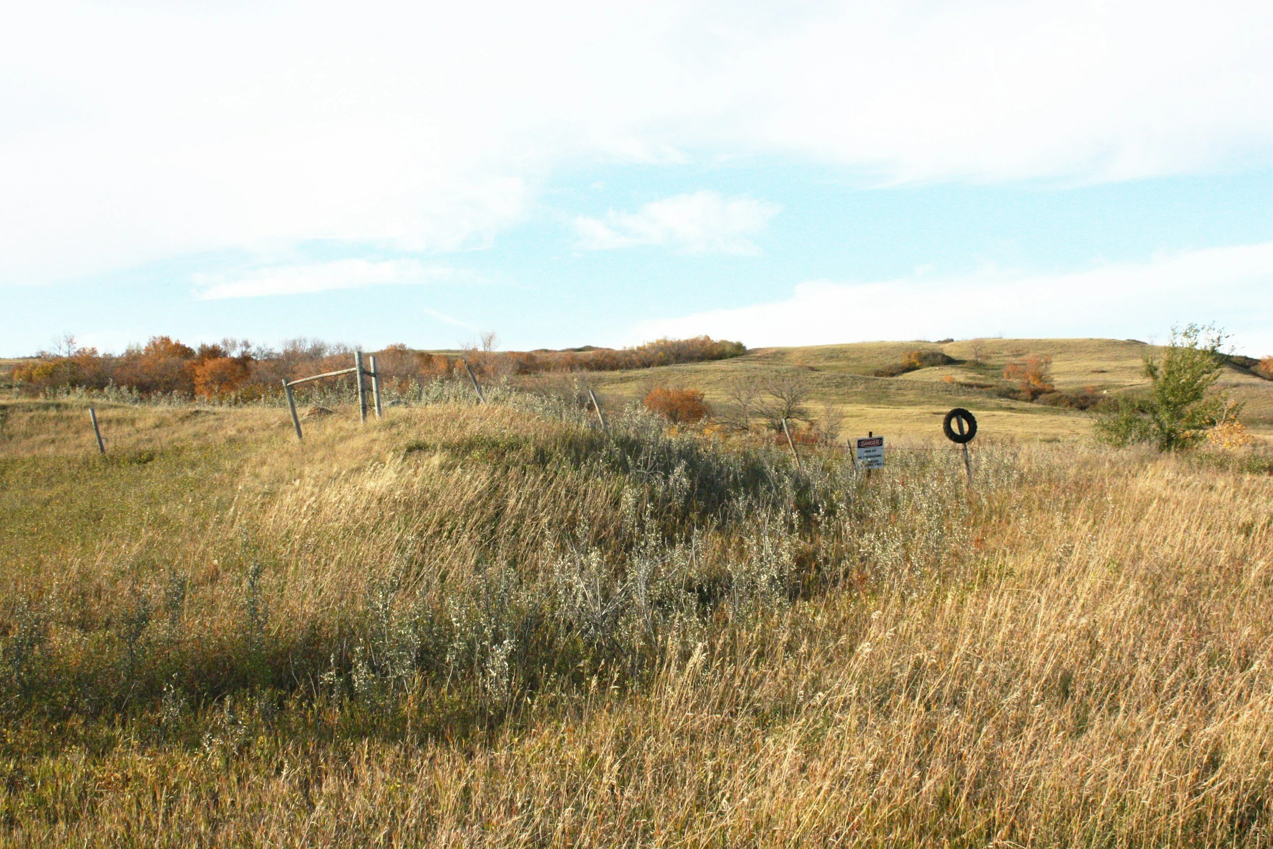 Dramatic open landscape with rolling hills, sparse trees, and a partly cloudy sky.