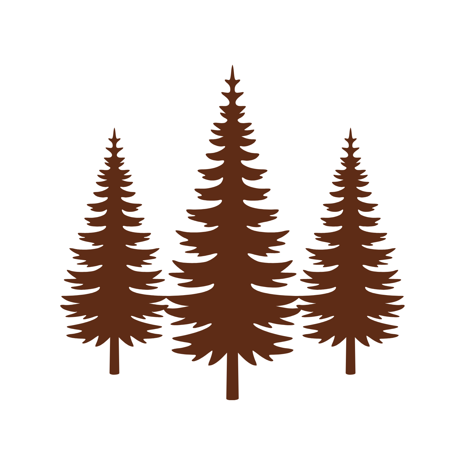 Silhouette of five brown pine trees on a black background.