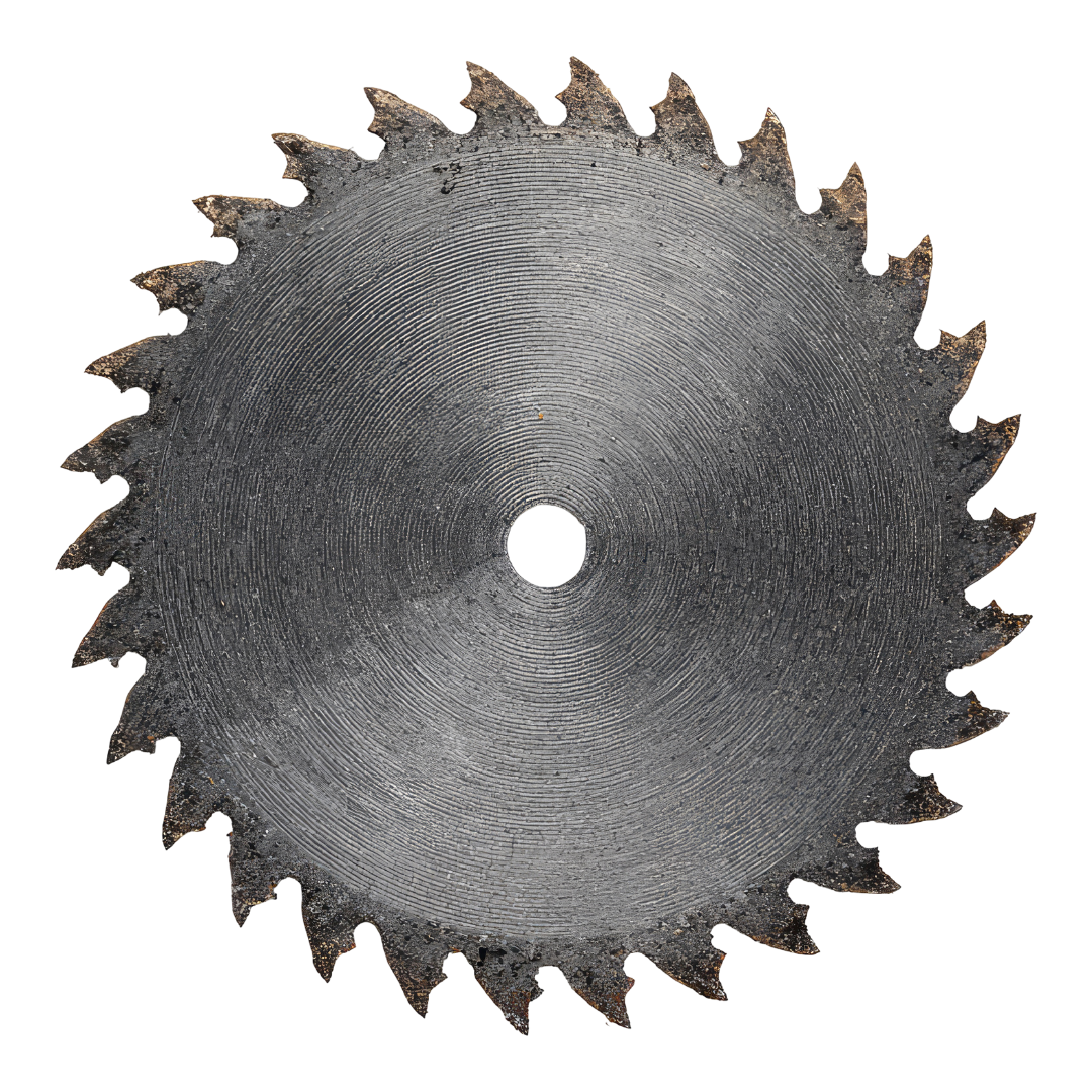 Circular saw blade with sharp teeth and concentric grooves, used for cutting wood or metal.
