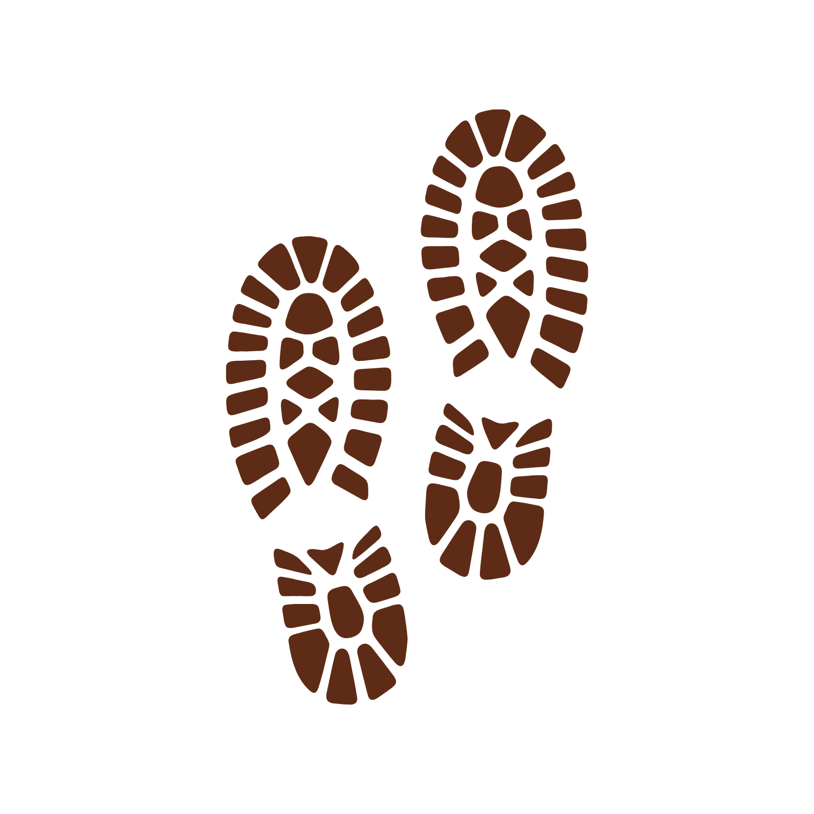 A minimalist graphic of four brown shoe prints on a black background.