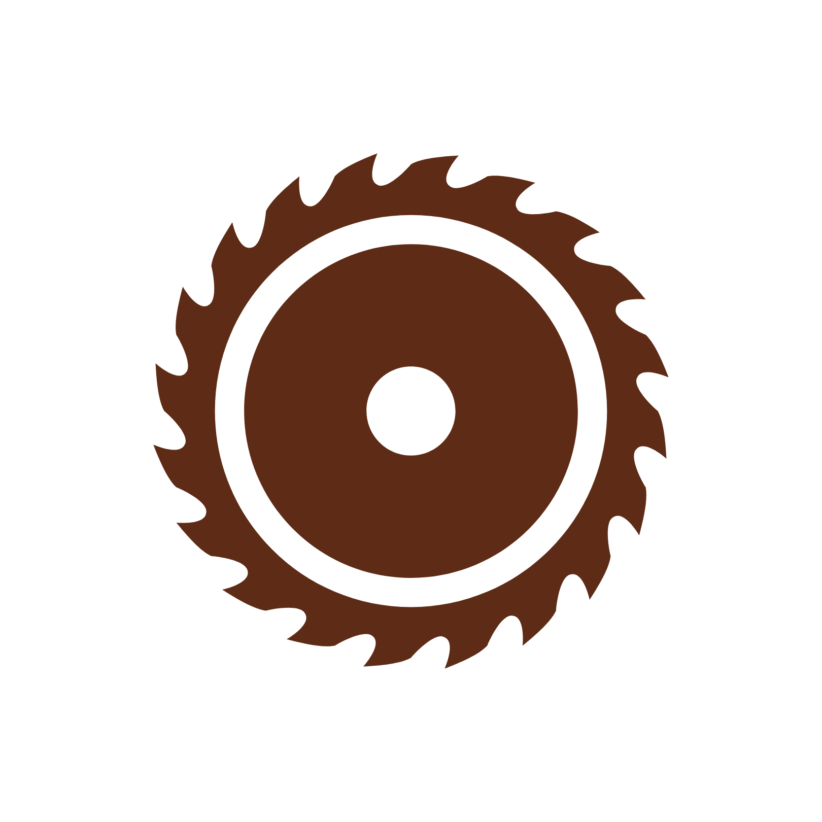 Illustration of a circular saw blade with brown teeth and a central hole.