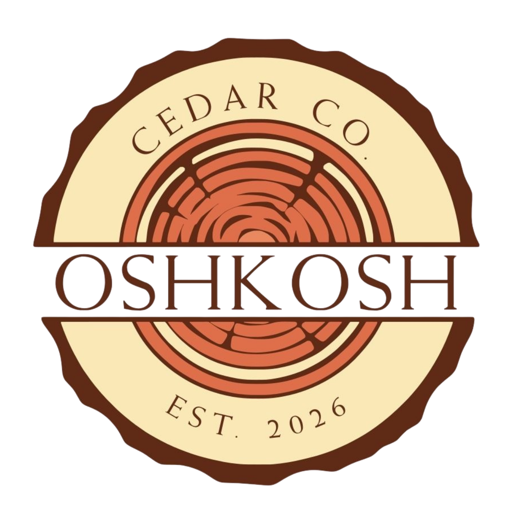 A logo featuring a circular wood cross-section with the text 'Cedar Co.' on the top arc and 'Est. 2026' on the bottom arc. The word 'Oshkosh' is prominently written across the center.